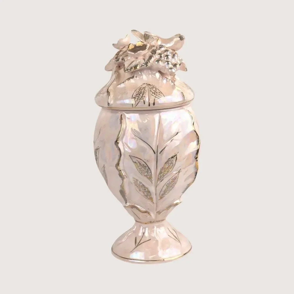 1970s Iridescent Pink Lidded Hollywood Regency Ceramic Compote